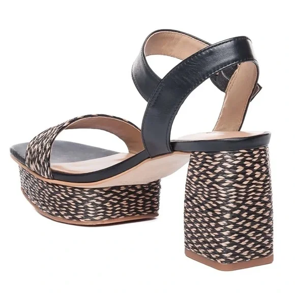 Bernardo Raffia Adjustable Platform Sandals Reagan Raffia black tan strapy heels - Picture 5 of 13